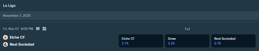 stake.com betting odds for the la liga match between real sociedad and elche cf